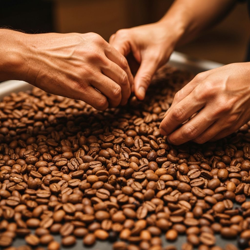 Hands sorting coffee beans
